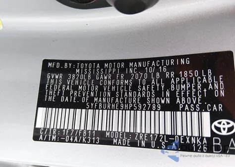 2017 Toyota Corolla Le from USA, damaged, VIN 5YFBURHE9HP592789